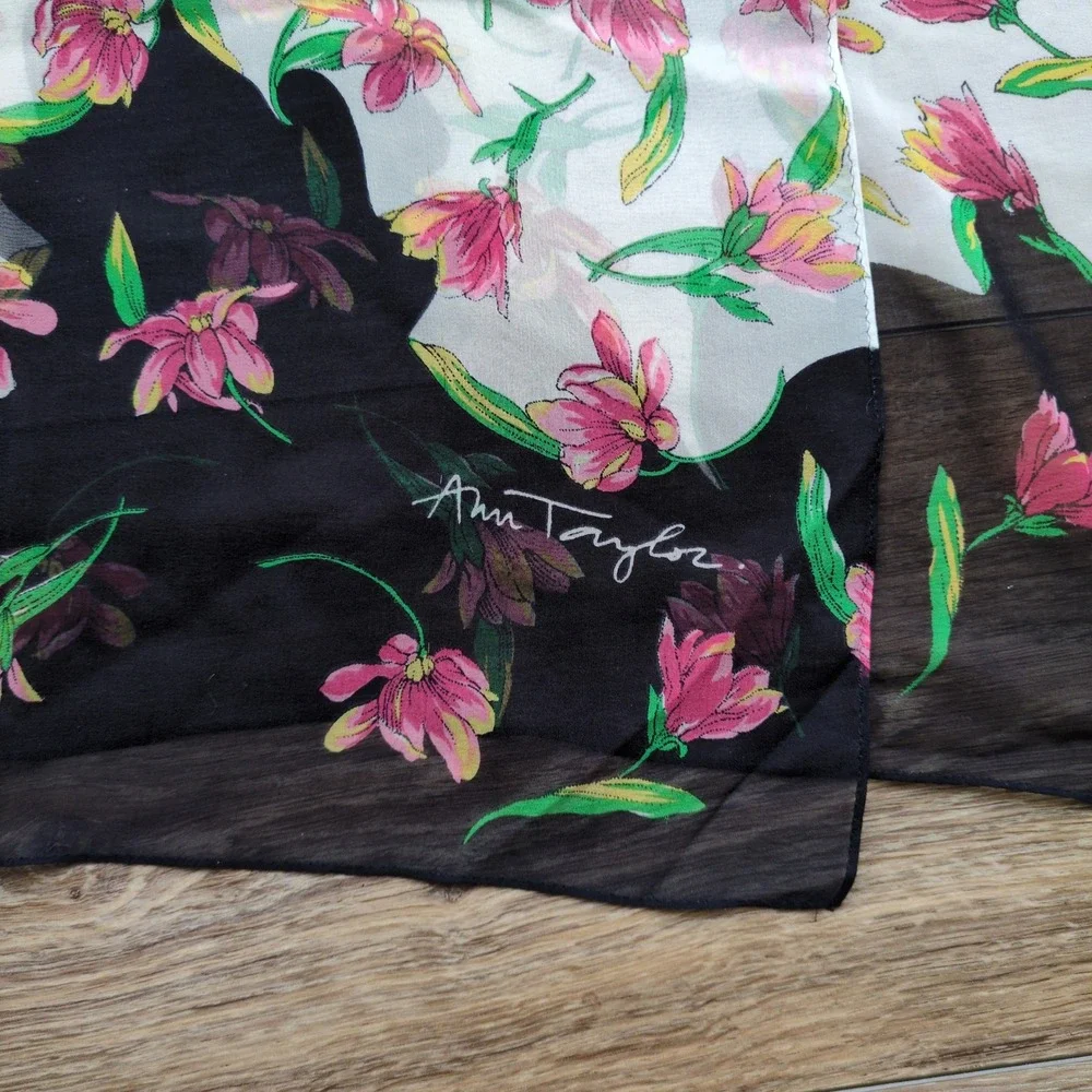 Ann Taylor Floral Sheer Silk Scarf‎ - Black White Pink Onlong Rectangle 17x70